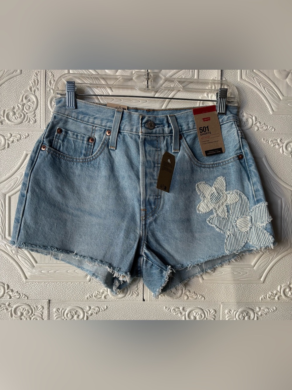 Levi's Light Blue Denim Shorts with Floral Appliqué